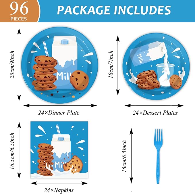 96 Pcs Milk and Cookies Party Paper Plates and Napkins Bundle Chocolate Chip Cookies and Milk Drinks Party Birthday Decorations Plates Napkins Forks for Party Favors 24 Guests