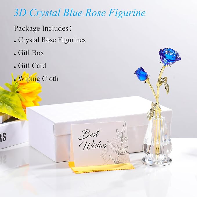 Arikyrist Crystal Rose Flowers Figurines Home Decor, Blue Glass Flowers with Stems, Collectible Figurines Crystal Rose Flower Gifts for Women on Mother's Day Valentine