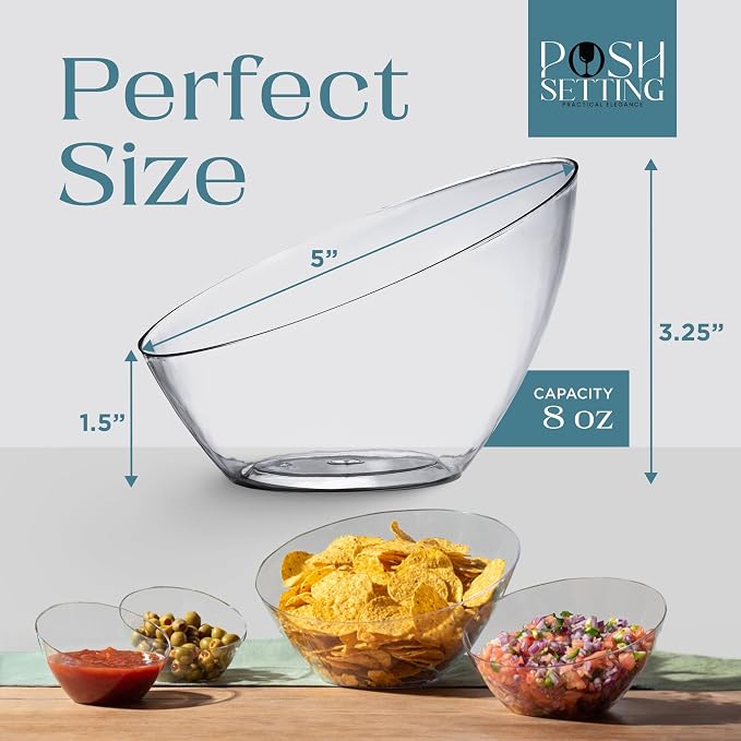 Posh Setting - Clear Plastic Serving Bowls for Party Angled Bowls Disposable Chip Bowls Candy Bowls for Party Table Salad and Fruit Bowls for Buffets Wedding Serving Bowls-Clear, 8 OZ, 5 Pack