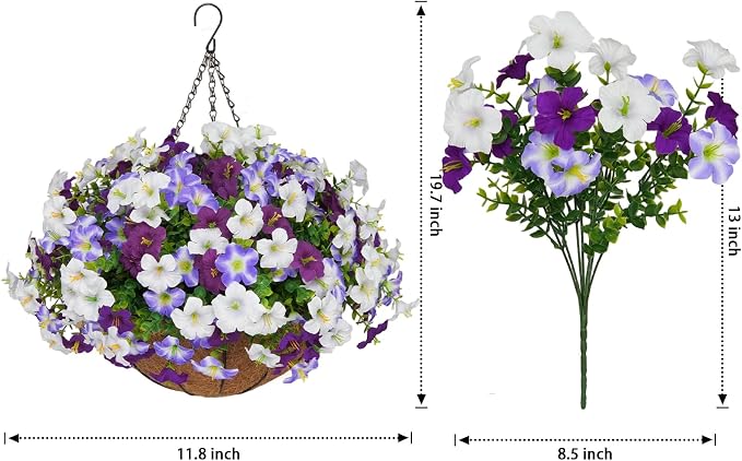 2 Set Artificial Hanging Flowers with Basket for Outdoor Decor, 24 Pcs Silk Petunias Fake Plants for Porch Garden Patio Balcony Yard Home Decoration
