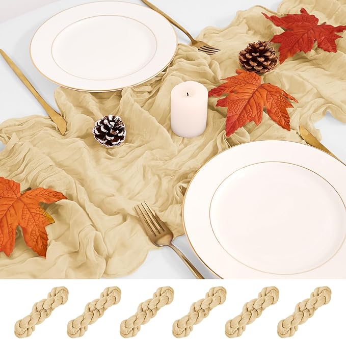 6 Pack Cheesecloth Table Runner,Beige Table Runner Long Romantic Semi Sheer Rustic Boho Gauze Table Runners for Wedding Bridal Shower Birthday Party Decorations(17.7×108 Inch)