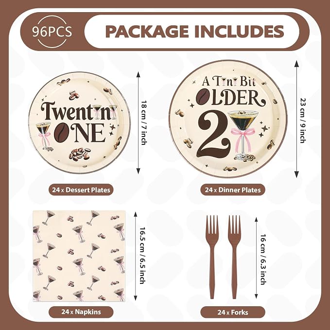 96 Pcs Espresso Martini Happy 21st Birthday Decorations Martini A Tini Bit Older Paper Plates and Napkins Twentini One Tableware Set for Girls Women 21st Birthday Bachelorette Party Supplies, Serves 2