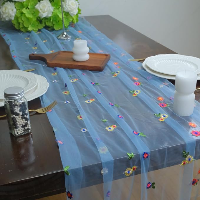 Set of 3 Flower Table Runner 10ft, 29 * 120 Inch Blue Table Cloth Sheer Tulle Table Cover,Embroidery Daisy Table Runner for Wedding Party Baby Shower Birthday Home Decor