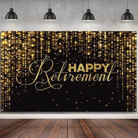 Happy Retirement Banner Backdrop Luxury Black and Gold Party Backdrop Gold Glitter Celebrate Retirement Party Decorations Photography Background Wallpaper Studio Props Bokeh Supplies,71x43 Inch