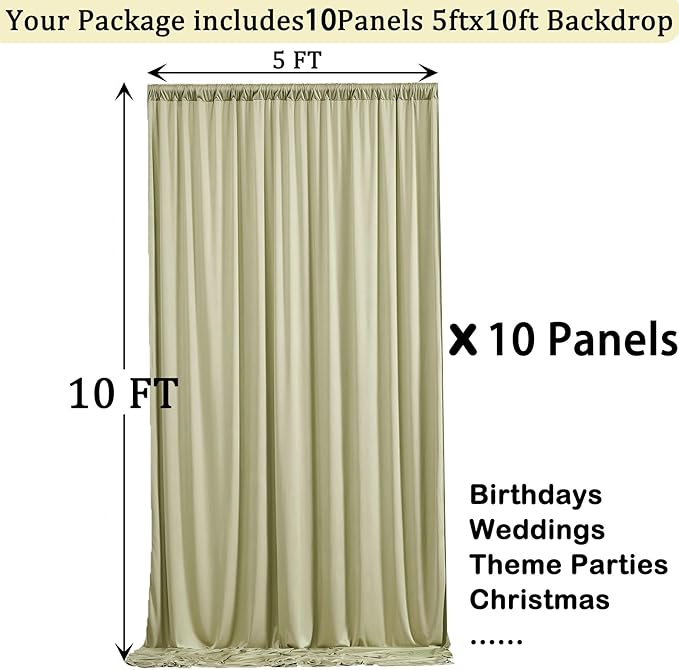 50ftx10ft Wrinkle Free Sage Green Backdrop Curtains for Parties, Polyester Green Photo Backdrop Drapes 10 Panels 5x10ft for Wedding Birthday Baby Shower Photography Background
