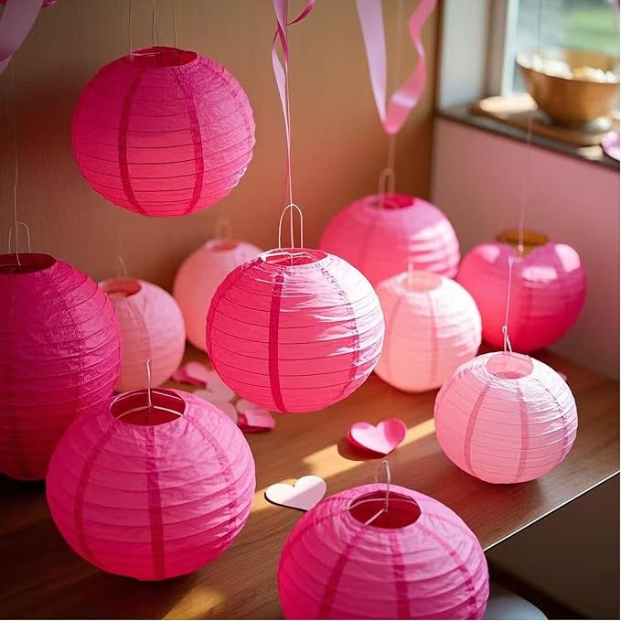 Pink Paper Lanterns 12Pcs Hanging Lanterns for Birthday Party, Wedding, Home Decor, Baby Shower Festive Decoration
