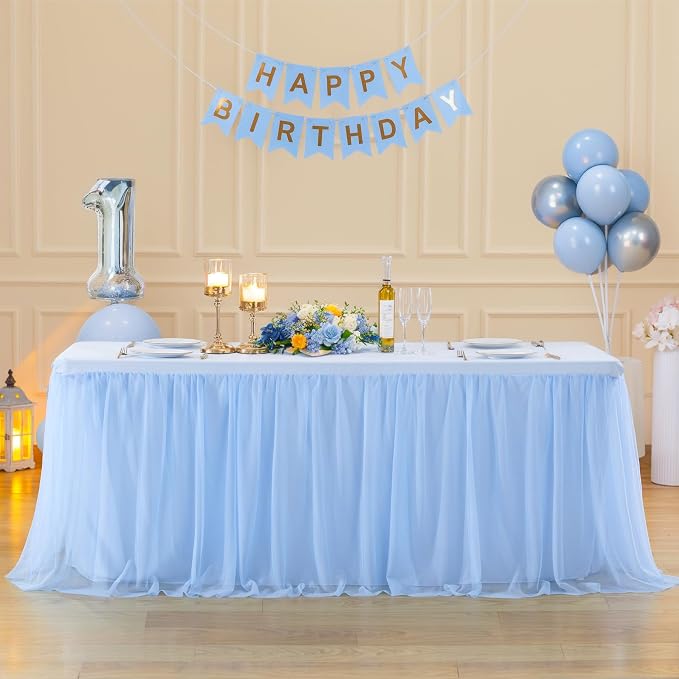 6ft Baby Blue Tulle Tablecloths for Rectangle Tables Light Blue Table Cloths Rectangle Wrinkle Free Stretch 6 Foot Table Cover with Tutu Skirt for Baby Shower Boy Birthday Party Banquet Buffet Cake