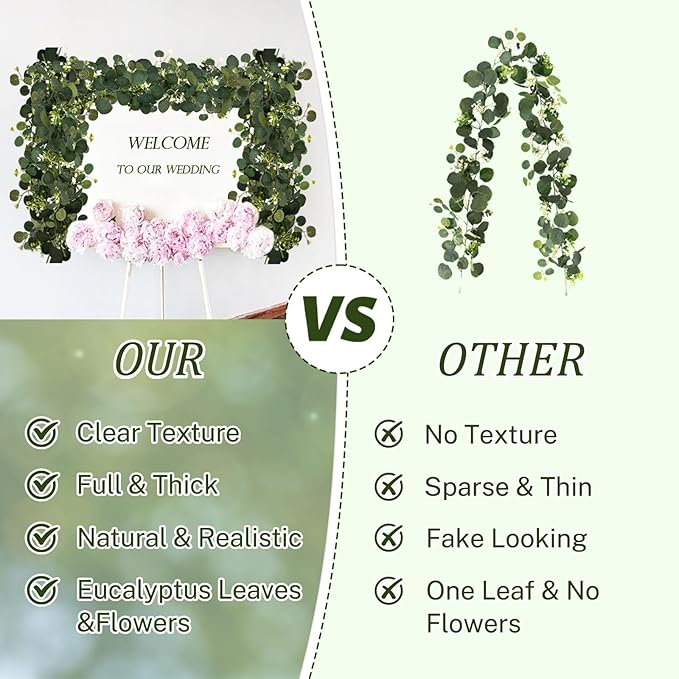 YIJXPOIN Eucalyptus Garland, 6FT Green Flower Garland Decor, Artificial Faux Eucalyptus Leaves Greenery Vines for Table Runner Wedding Bedroom Mantle Centerpieces Backdrop Decorations