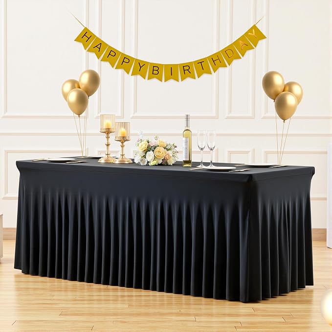 4 Pack 6ft Black Spandex Tablecloths for Rectangle Tables Wrinkle Free Black Rectangle Table Cloths Stretch Fitted Table Cover with Skirt for Wedding Birthday Party Banquet Baby Shower Buffet Event