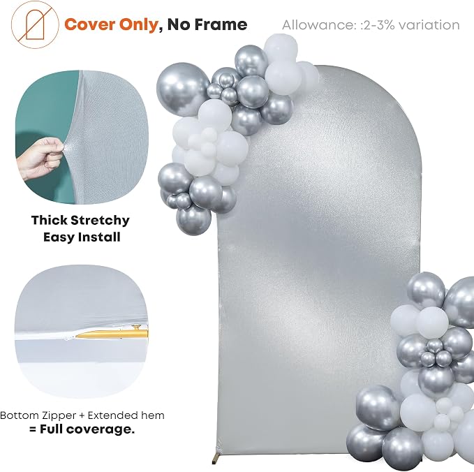 Silver Shimmer Arch Backdrop Cover Set of 2 (6 7.2FT) with Zipper,Thick Soft Stretchy Sequin Glitter Spandex Fitted Chiara Cover for Wedding Birthday Baby Shower Graduation Party Photo Backdrop