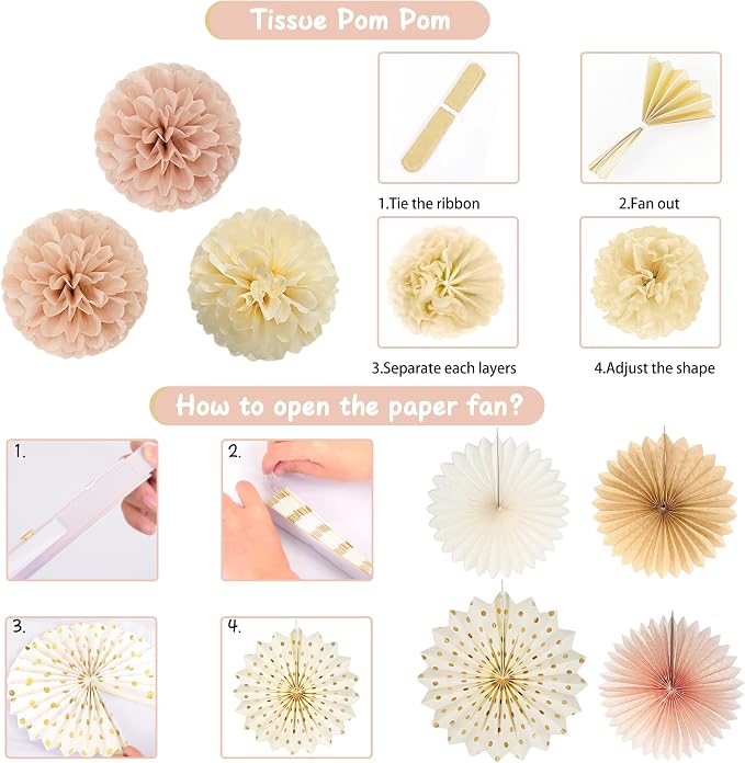 Vlipoeasn Beige Pink Birthday Party Decorations Champagne Women Girls | Rose Gold Peach Happy Birthday Banner Cake Topper Paper Fans Pompoms Latex Balloons Haning Swirls Kit for Women Girls Indoor