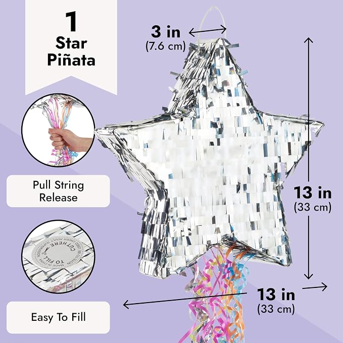 Sparkle and Bash Star Pinata with Pull Strings - Silver, 13 x 13 x 3 in - Space Theme Birthday Decoration & Baby Shower Supply - Pinatas with Pull Strings for Kids & Adults