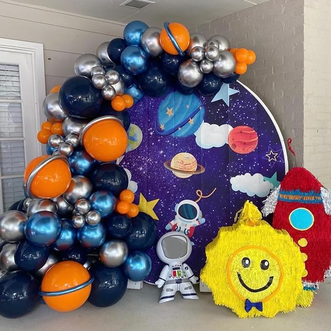 Outer Space Balloon Arch Garland Kit,119 PCS Navy Blue Metallic Silver Blue Balloon UFO Rocket Astronaut Balloons for Boys Kids Space Birthday Party Decorations