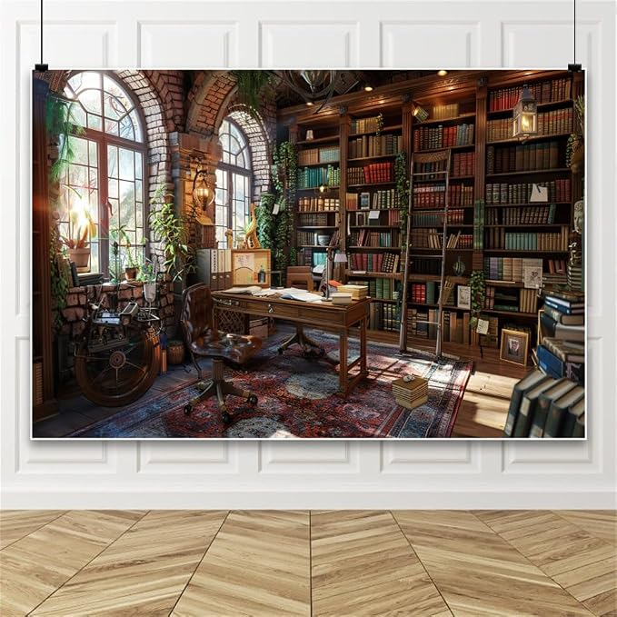 Laeacco 10x6.5ft Vintage Study Room Backdrop Wooden Booshelf Ancient Books Arch Window Sunshine Photography Background Graduation Back to School Party Decoration Wizard School Banner Photo Booth Props
