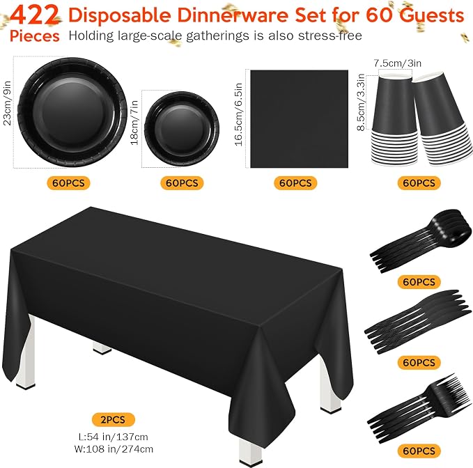 422 Pcs Black Disposable Party Supplies Serves 60 Guests Paper 7'' 9'' Plates Cups Napkins Plastic Tableware Spoons Forks Knives 2 Pcs Table Cover for Birthday Wedding Decorations(Black)