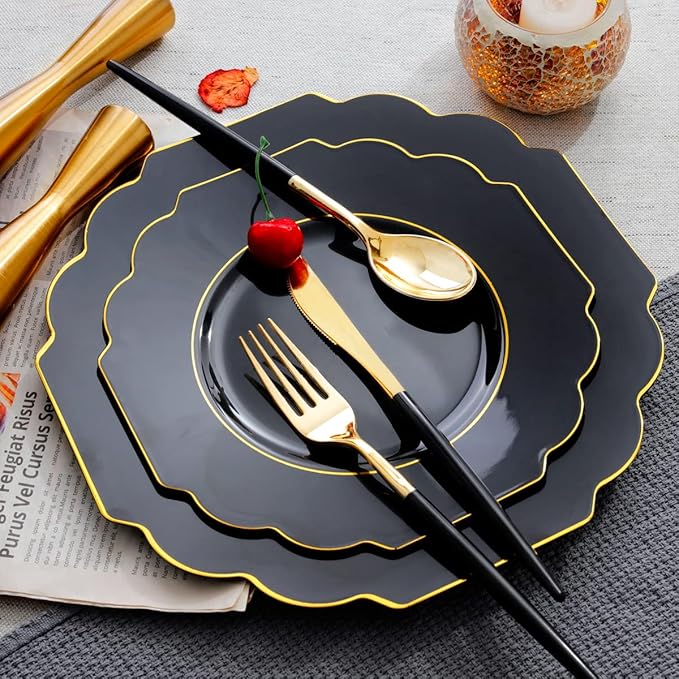 Supernal 60pcs Black Plastic Plates with Gold Rim, Baroque Black and Gold Plastic Plates, Include 30 Dinner Plate, 30 Appetizer Plate, Suit for Party, Birthday, Wedding, Halloween