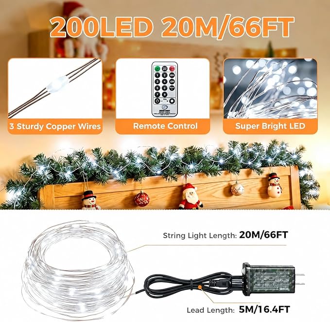 btfarm Fairy Lights Plug in with Remote, 66FT 200 LED Outdoor Twinkle Lights Waterproof with Timer, 8 Modes Indoor String Lights for Bedroom Patio Garden Wedding Christmas Decoration, Cool White