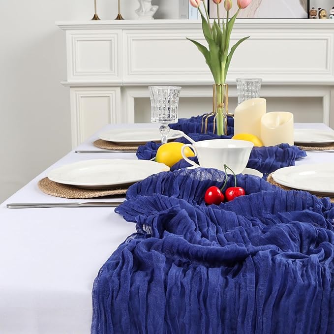 8 Pack Royal Blue Cheesecloth Table Runner 10ft Boho Gauze Fabric 120 Inch Cheese Cloth Table Runner Rustic Sheer for Holiday Baby Shower Party Décor Home Wedding Decoration