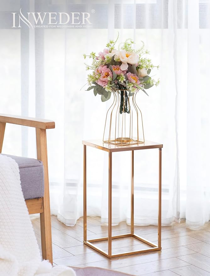 Gold Metal Cube Vase Stand for Wedding Centerpieces, 15.75in Tall, 2 Pcs | Columnar Cube Shape, Easy to Assembly, Flowers Cakes Drinks Display Table Centerpieces for Wedding Party Event