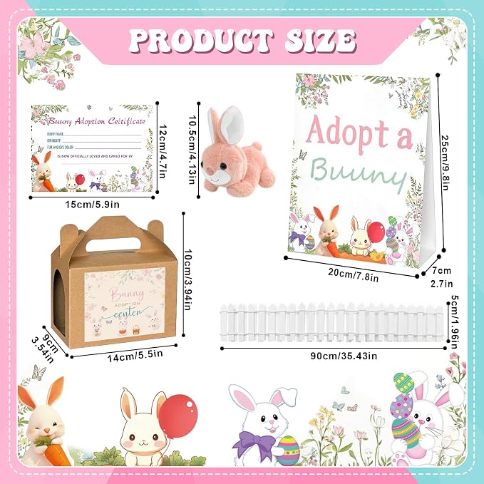 38 Pcs Adopt a Pet Bunny Party Favors Include 12 Mini Plush Easter Bunny 12 Foldable Boxes 12 Adopt Bunny Cards 1 Adopt Sign 1 Adopt Fence for Adopt a Pet Party (Bunny, 12 Set)