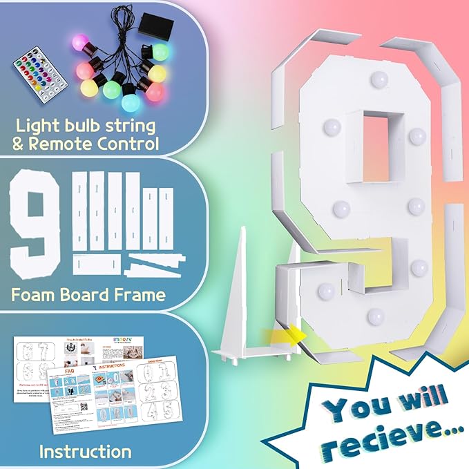imprsv 3FT Colorful Marquee Numbers,18 Colors with Remote, Light Up Numbers 9 for 9th 90th Birthday Decorations Anniversary Party Decor, Pre-Cut Foam Board Kit, Mosaic Sign for Balloon