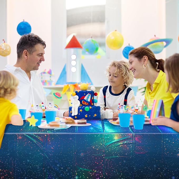 100Feet X 54 Inch Roll Iridescent Space Tablecloths Disposable Plastic Blue Galaxy Table Cloth Rectangle Roll Table Covers for Space Starry Night Star Theme Party Birthday Party Decorations