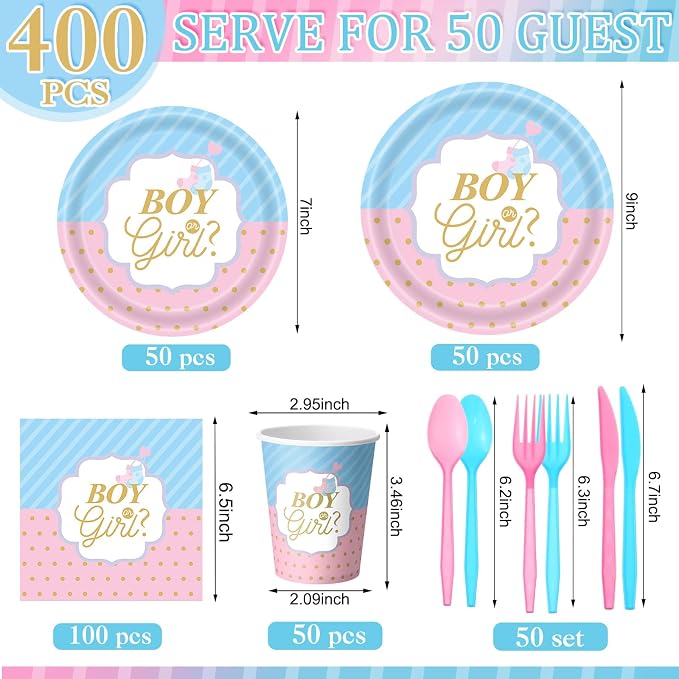 Pickmesh 400 Pcs Gender Reveal Party Supplies Include Boy or Girl Disposable Paper Plates Napkins Cups Cutlery Blue and Pink Gender Reveal Tableware Set for Baby Shower Party Decorations Serve 50
