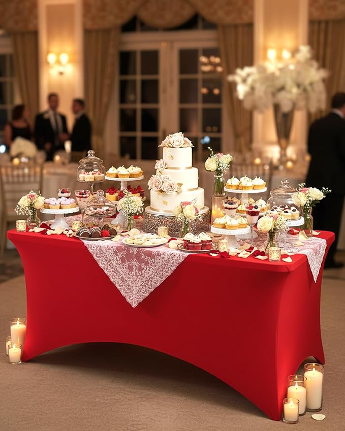 Fixwal Red Tablecloths for 8 Foot Rectangle Tables, 2 Pack Spandex Stretch Fitted Table Covers for Party, Trade Show, Banquet, Wedding, Buffet