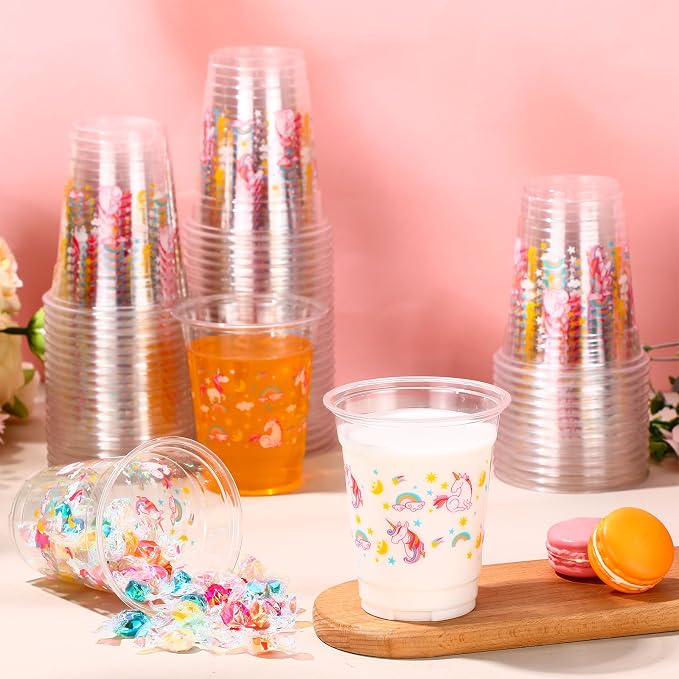 Funnymoom 60 Pack Unicorn Cups 12 oz Disposable Clear Plastic Unicornio Rainbow Drinking Cups for Unicorn Birthday Party Decorations Supplies