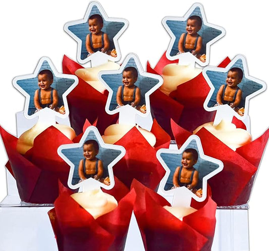 25 Pack of Custom Photo Cupcake Toppers, Plastic Personalized Cupcake Picks 2x4 Inches, Upload 1 Photo, American Made (Star Shape)
