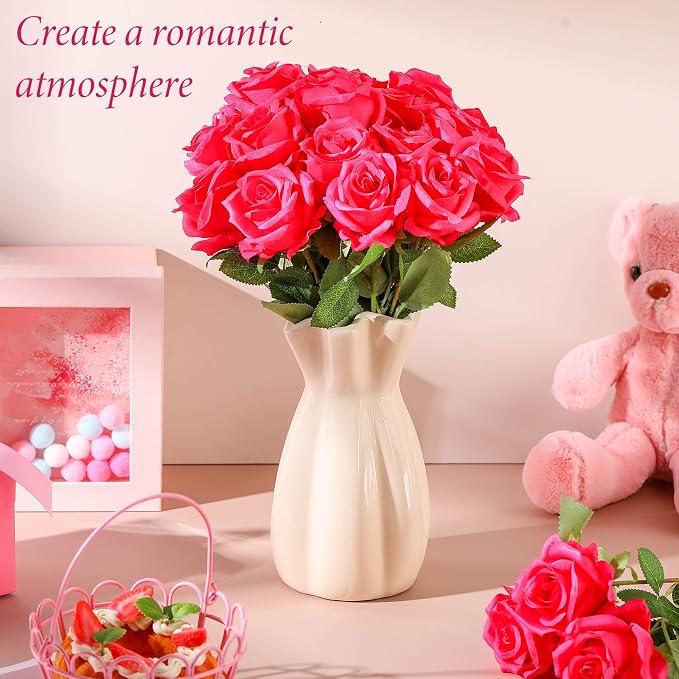 Hotop 20 Pcs Artificial Rose Flowers with Long Stem, Real Lifelike Silk Realistic Plastic Bouquet Roses Bulk for Home Decor Bridal Wedding Party Table Centerpieces Decorations(Hot Pink)