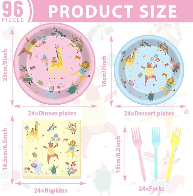 96Pcs Animal Party Supplies Pastel Animal Paper Plates and Napkins Jungle Safari Theme Tableware Decorations Set for Kids Girls Birthday Baby Shower Celebration Party Favor Serves 24