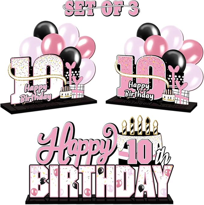 LINGTEER Happy 10th Birthday Pink Acrylic Table Topper Centerpieces Set - Cheers to 10 Years Old Birthday Ten Bday Party Gift Decorations.
