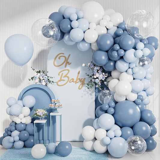 CboDeco Dusty Blue Balloon Garland Arch Kit 140PCS Light Blue White Clear Balloons in 18 12 10 5 Inch for Baby Shower Gender Reveal Bridal Shower Wedding Birthday Party Decorations
