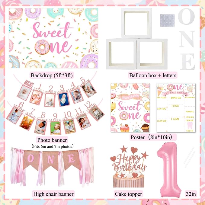 Daidle 1st Birthday Decorations for Girl, 128pcs Sweet One Birthday Party Decorations, Balloon Boxes, Party Backdrop, Photo Banner, Donuts Ice Cream Candy Balloons Garland