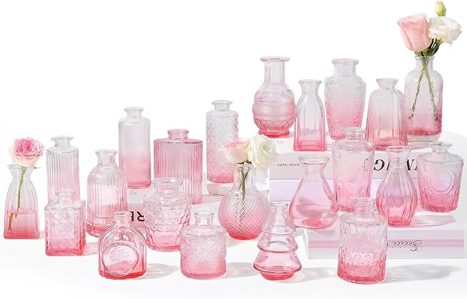 RUCKAE Glass Bud Vases Mini Flower Vase Small Vintage Vases for Centerpiece Table Wedding Decorations Home Decor Party(Gradient Pink 22 Pack)