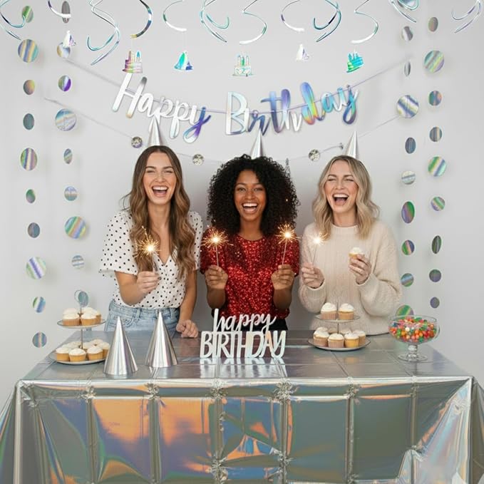 HonuGoGo 28-Piece Iridescent Birthday Party Decoration Kit – Happy Birthday Banner, Hanging Swirls, Garlands, Table Centerpiece, Tablecloth & Cone Hats for a Shimmering, Photo-Ready Celebration