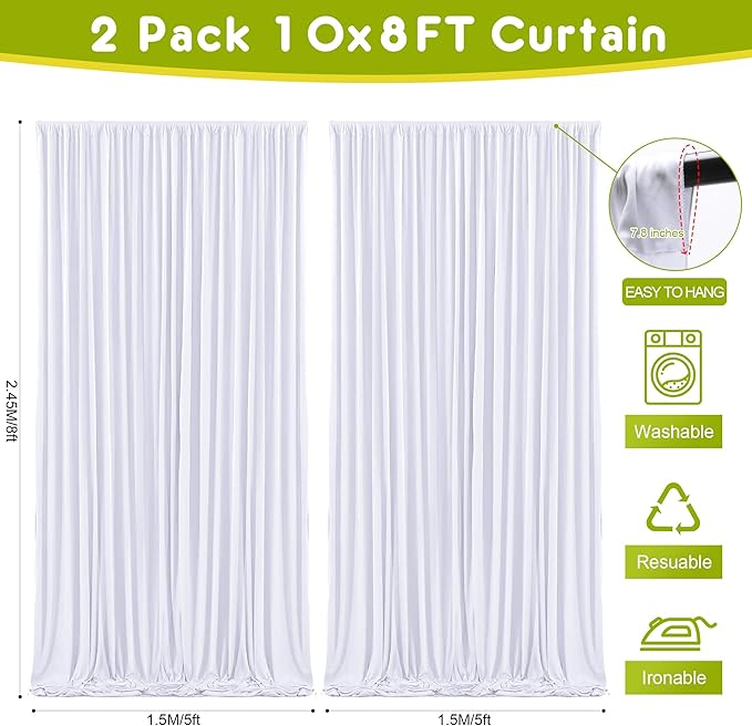 Wokceer White Backdrop Curtain for Wedding Parties 2 Pack 10x8FT Wedding Curtains Photo Backdrop Drapes Polyester for Photoshoot Baby Shower Birthday Party Curtains Background 4 Panels 5x8FT
