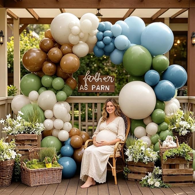 Blue Green Brown Balloon Garland Double Stuffed Dusty Blue Sage Green Balloons Olive White Sand Latex Balloon Arch Kit for Bear Baby Shower Birthday Woodland Wild One Party Decorations