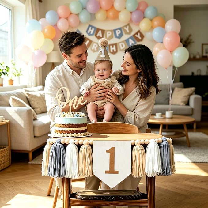 1st Birthday High Chair Banner Decorations - Neutral Felt Banner Set with Cake Topper & Party Hat, First Birthday Party Supplies