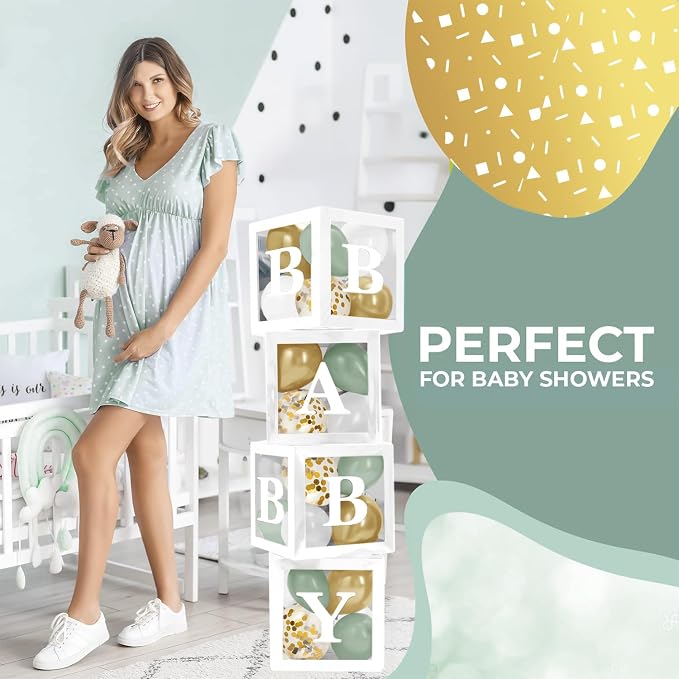 44-Piece Baby Shower Decorations for Boy or Girl - 4 Boxes with Letters and 32 Balloons - Sage Green and Metallic Gold (Boho Style) - Gender Reveal Party Supplies - Photo Shoot Backdrop
