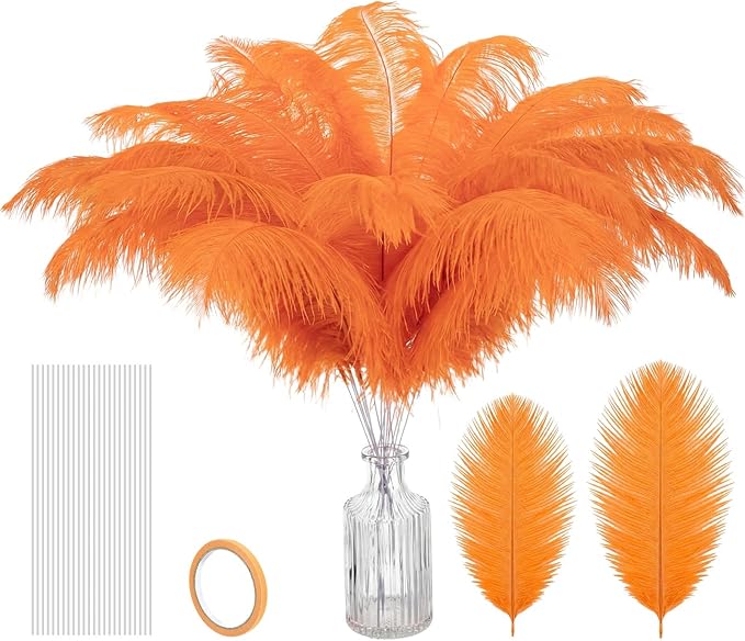 Hanaive 150 Pcs Ostrich Feathers Set Bulk Plumes 12-14 Inch (30-35cm) 70 Pcs Large Ostrich Feathers with 80 Sticks and Tape for DIY Crafts Wedding Home Party Centerpiece Decorations(Orange)
