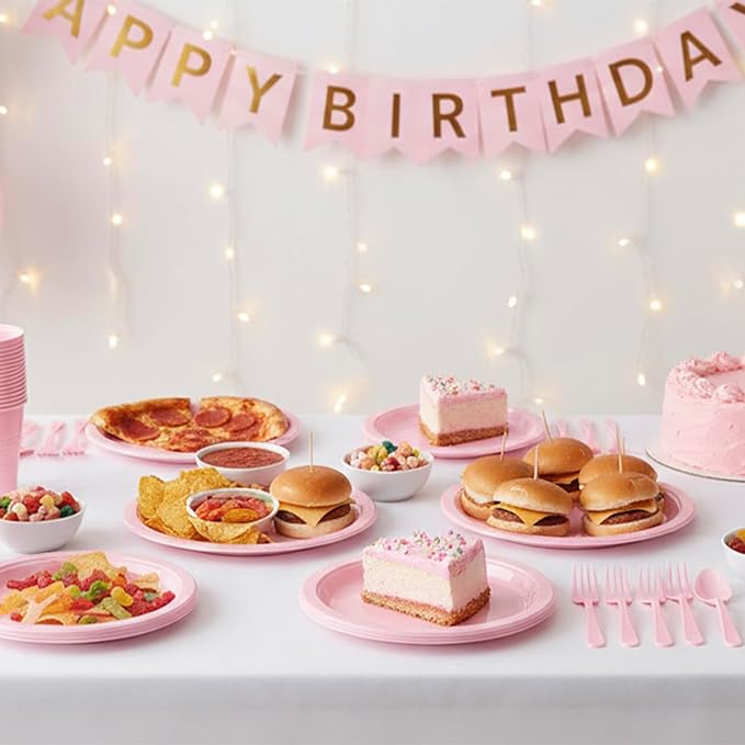 Pink Plastic Plates for Party,100 Guest Disposable Plastic Plate Set 9" Plates,7" Dessert Plates,Napkins,Cups,Forks & Tablecloth for Birthday,Wedding,Baby Shower,Girlfriends Tea Party