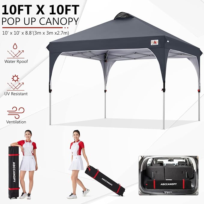 ABCCANOPY Outdoor Pop up Canopy Tent, 10x10 Instant Portable Canopy for Camping, Beach, Backyard, Dark Gray