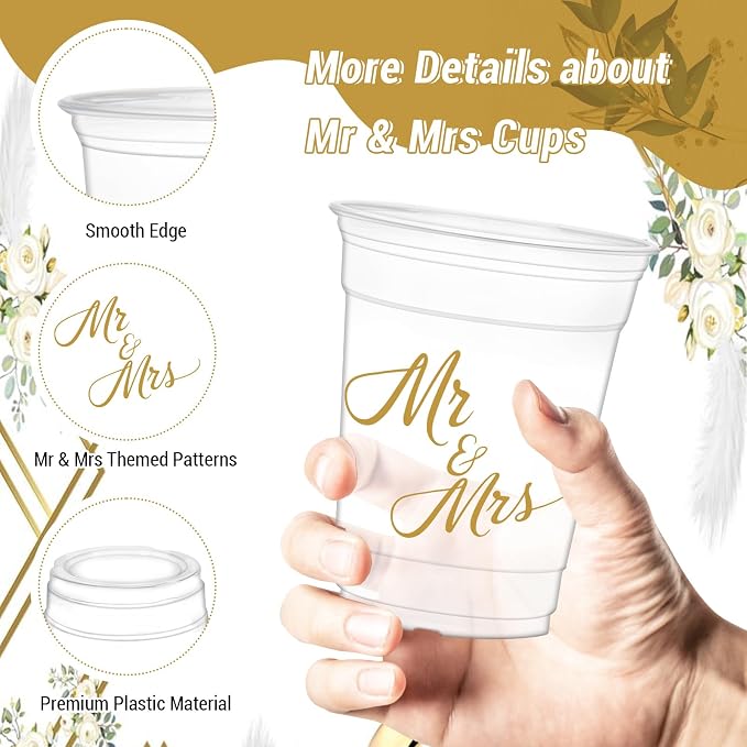 50Pcs Mr and Mrs Cups, 12oz Wedding Plastic Cups for Home Kitchen Decorations Wedding Reception Supplies Birthday Party Favors