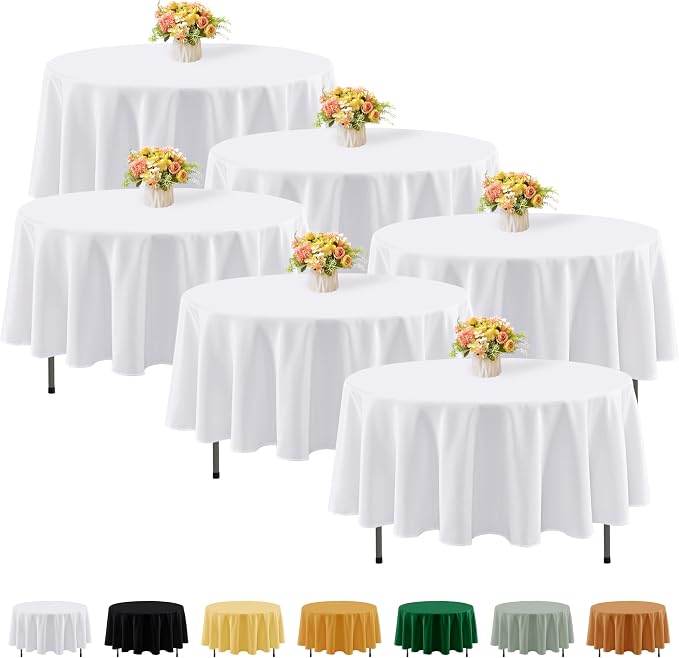 Fitable 6 Pack White Round Tablecloths - 70 Inches Round - Wrinkle and Stain Resistant Fabric Table Clothes, Washable Polyester Table Covers for Wedding, Party, Banquet, Formal Events
