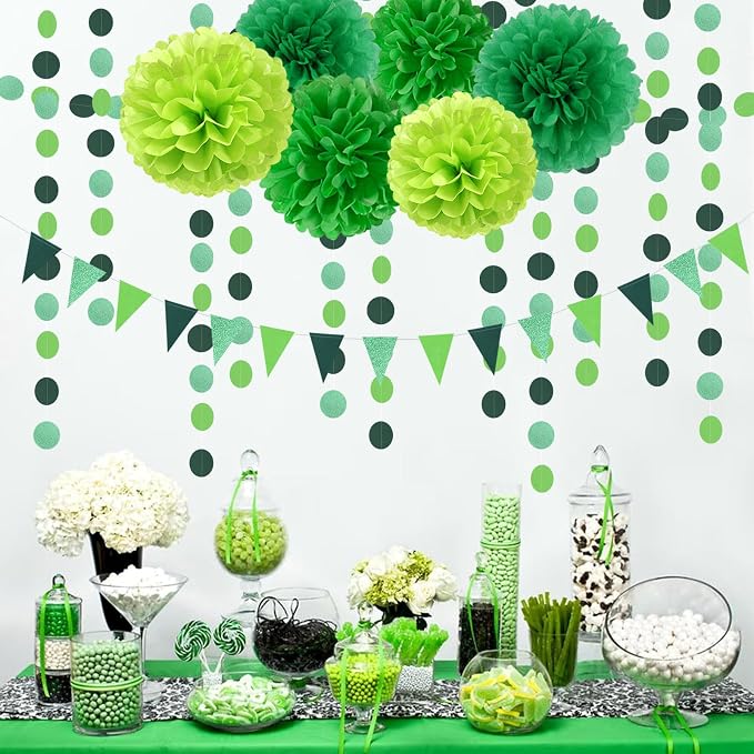 Green Party Decorations Tissue Pom-Poms - 23pcs St Patricks Day Paper Flowers Streamers,Spring Summer Wedding Engagement Tassel Garland Banner,Birthday Baby Bridal Shower Decor Ouruola