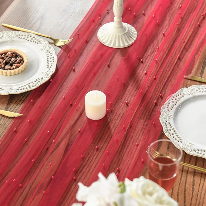 Artoid Mode 6PCS Pearl Red Gauze Table Runner 120 Inch 10FT, Seasonal Sheer Dining Holiday Wedding Birthday Baby Shower Table Decor for Home Party