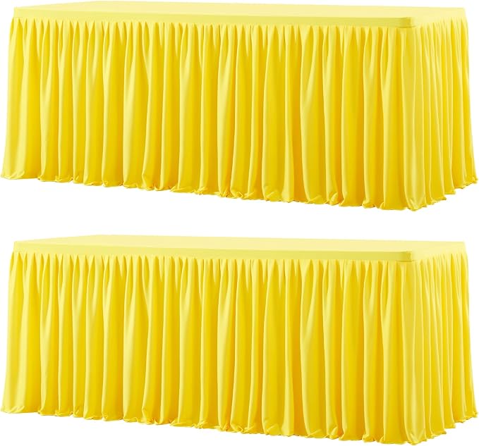 Wish Care 2 Pack Yellow Rectangle Table Clothes for 4 Foot Tables, Polyester Fitted Tablecloths 4ft Stretch Table Cover for Wedding, Birthday, Parties, Trade Show, Craft Show
