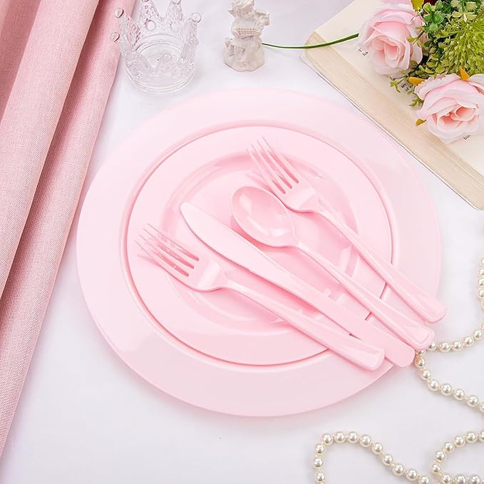 KIRE 150 Pieces Pink Plastic Plates Disposable - Pink Dinnerware Set Include 25 Dinner & 25 Salad Plates 25 Forks 25 Knives 25 Spoons 25 Cups for Baby Shower/Bridal Shower/Mother's Day